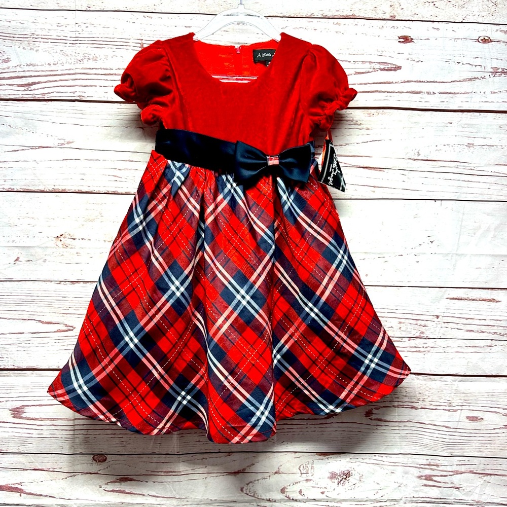 Red & Navy Plaid Puff-Sleeve Dress Size 2t